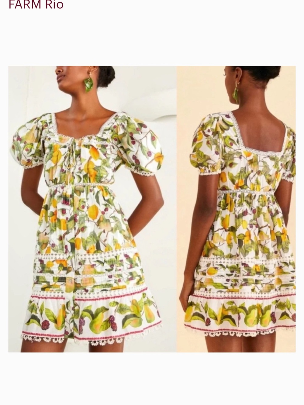 FARM Rio White Lemon-Print Puff-Sleeve Mini Dress Women’s Small